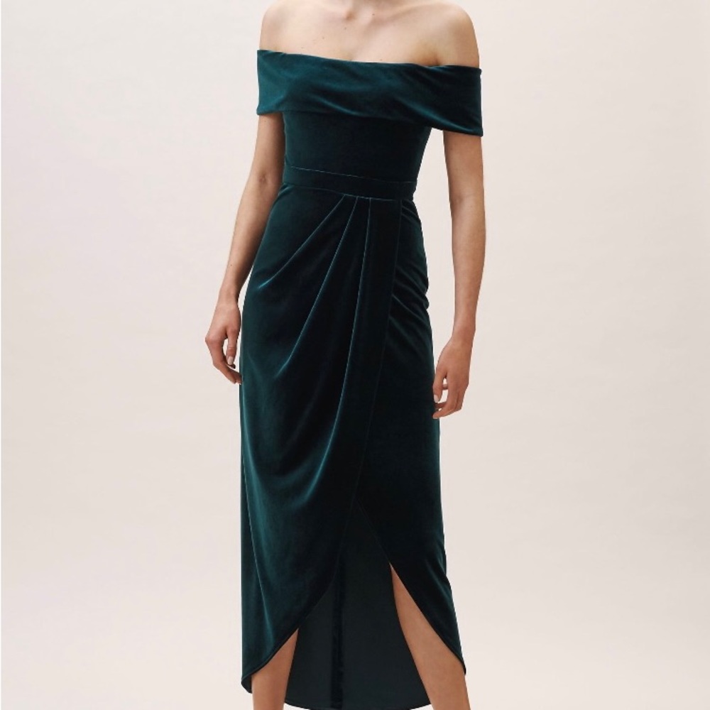 BHLDN Dark Green Velvet Midi Bridesmaid Dress